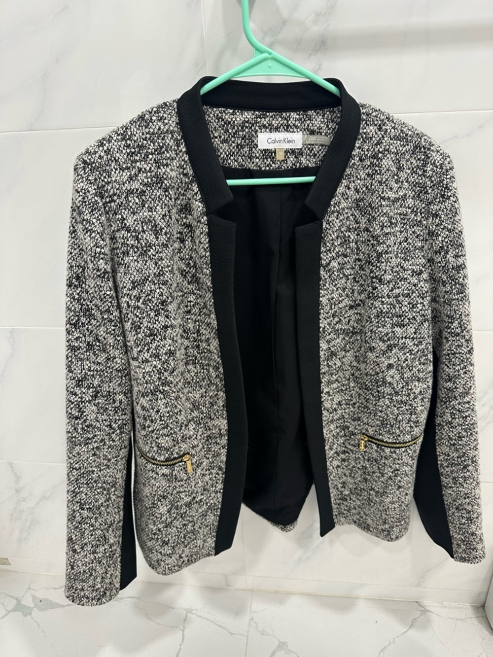 Calvin Klein Black & White Tweed Open-Front Blazer